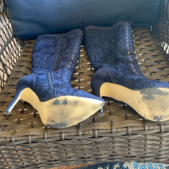 Anika Navy Blue Suede and Lace Stiletto Boots Lace Up Front Detail Side Full Zip - Picture 6 of 14